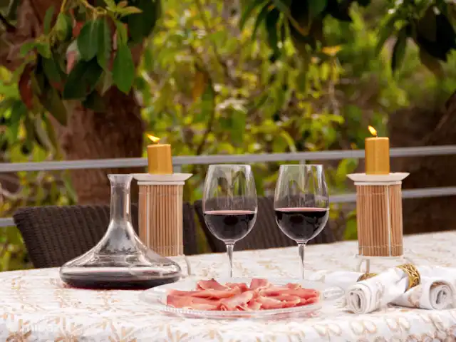 Finca Fruta huren in Spanje, Gran Canaria, Ingenio - villa Gezellig met je gezelschap buiten met een glas wijn en tapas