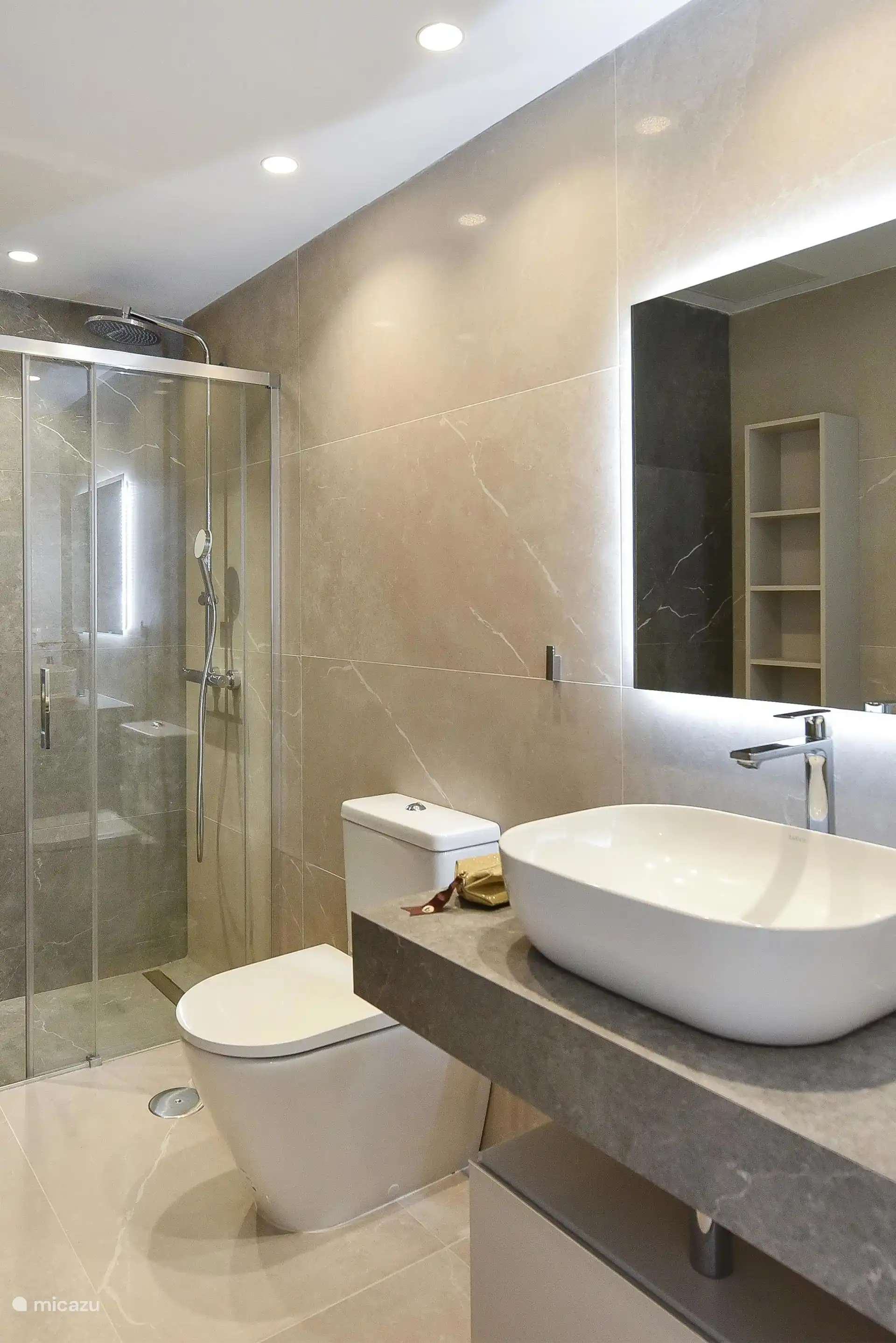 Salle de bain avec douche, lavabo et WC