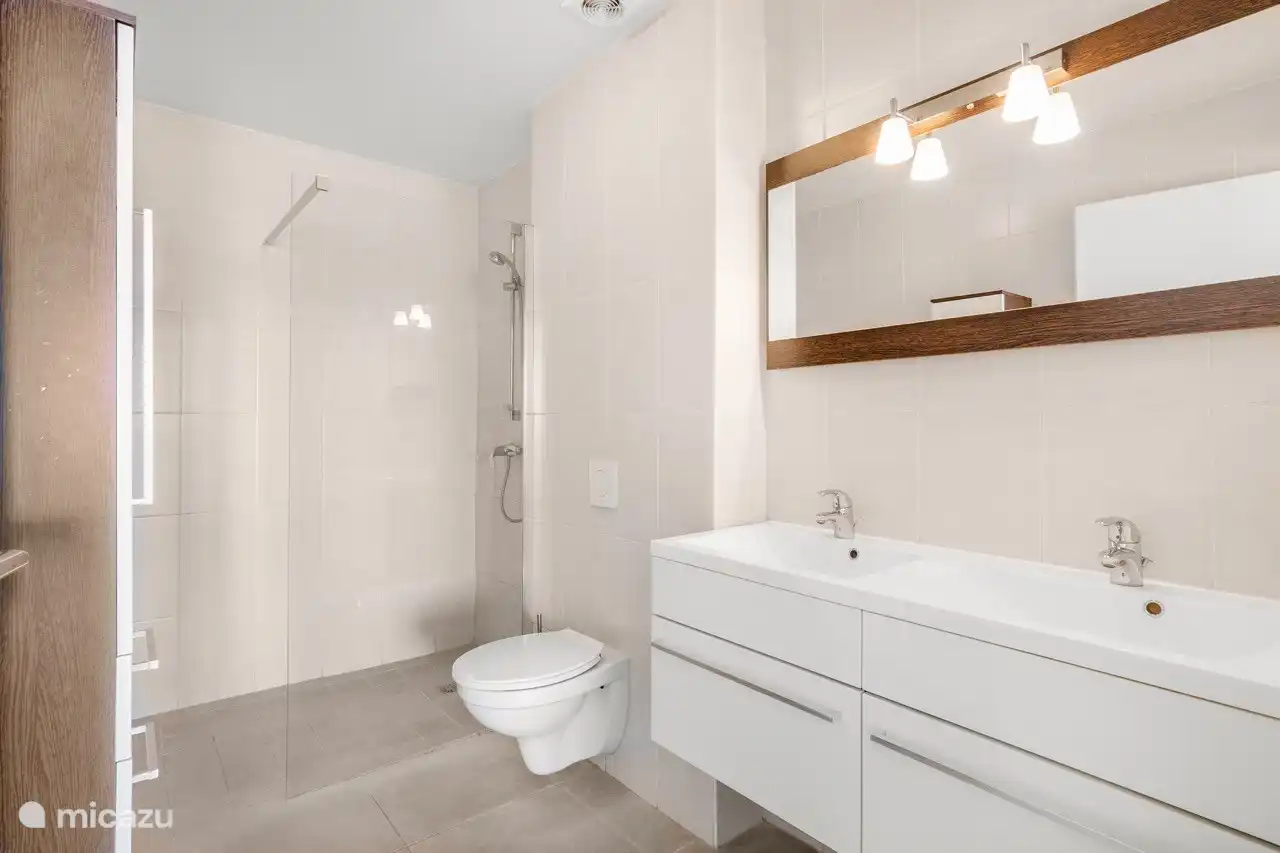 Badkamer met douche en dubbele wastafel.