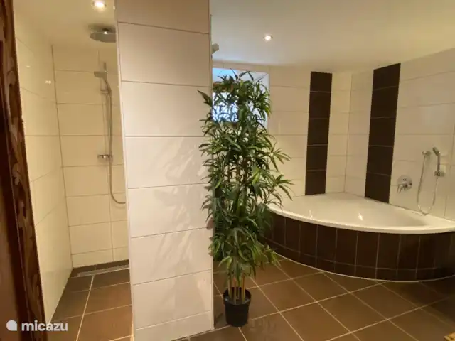 Chalet Murmel huren in Oostenrijk, Karinthië, Grosskirchheim - vakantiehuis De badkamer in de kelder met een heerlijk 2-persoons bad, toilet en een aparte doucheruimte en biedt tevens toegang tot de sauna.