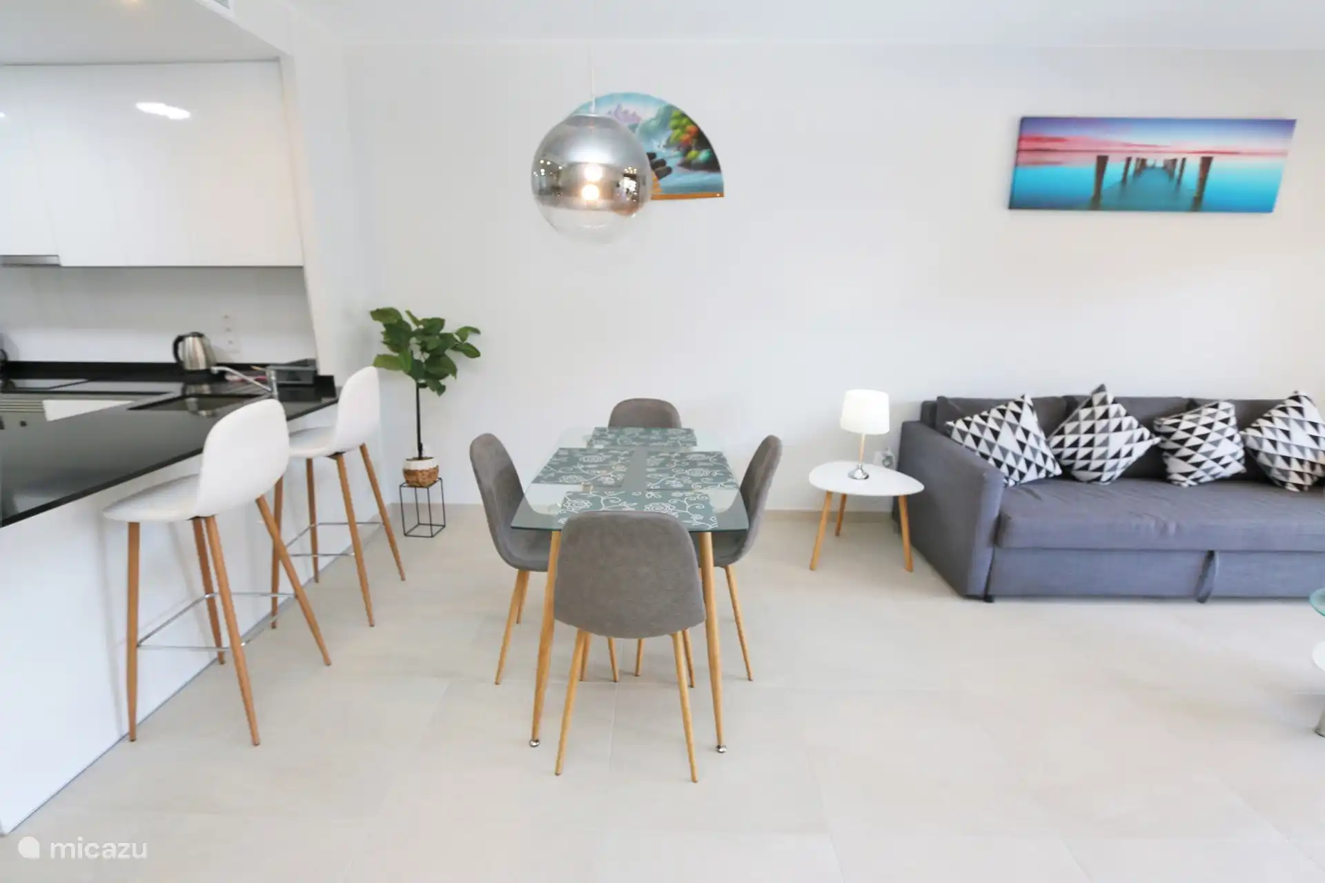 Kitchen, dining area and living room