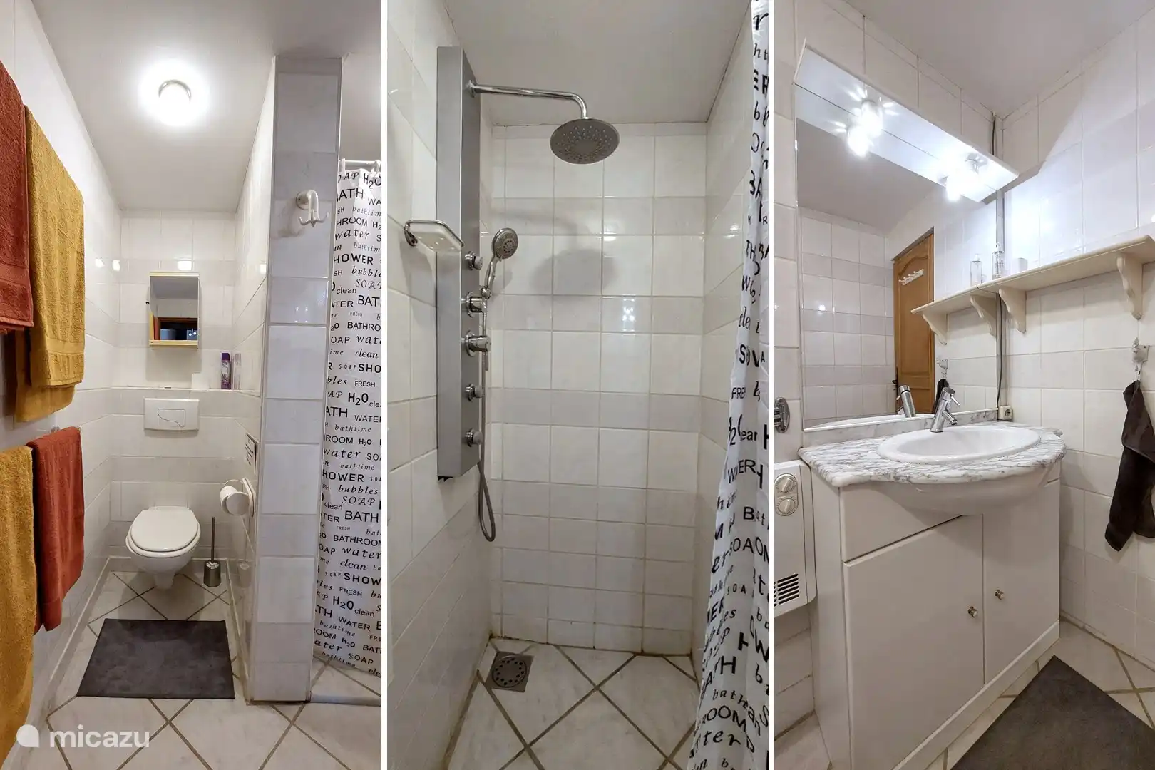 Badezimmer mit Regendusche, WC und Waschbecken