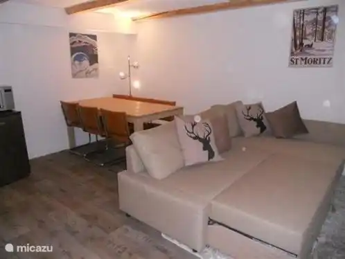 De woonkamer met eettafel en (slaap) bank

