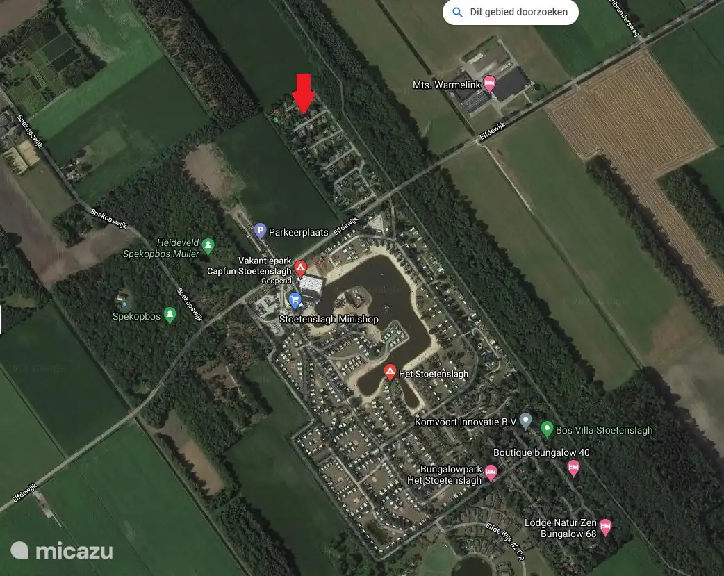 5 persoons Chalet de Wilg, Rheezerveen. Situatie chaletpark tegenover het Capfun Stoetenslagh. 5 Minuten lopen  