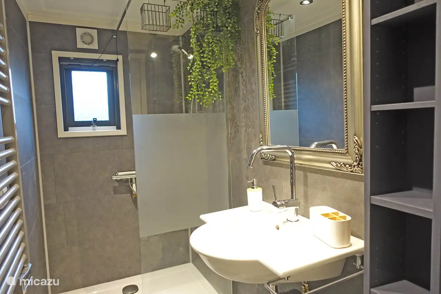 5 persoons chalet De Wilg, Rheezerveen. Badkamer met ruime inloopdouche, wastafel, kast en design radiato