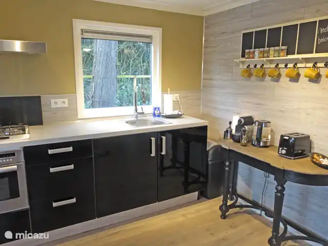 De Wilg, Stoetenslagh huren in Nederland, Overijssel, Rheezerveen - chalet 5 persoons chalet De Wilg, Rheezerveen. Aparte tafel met waterkoker en koffiezetapparaat en broodrooster.