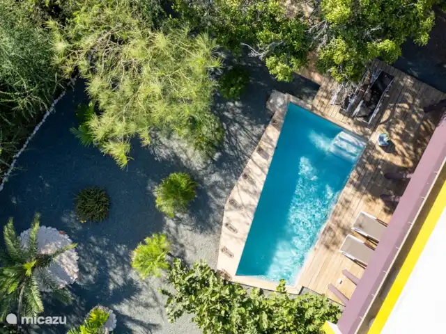 Villa design unique dans un complexe naturel | Curaçao, Curaçao-Centre, Sint Michiel - villa Prise de vue par drone de la piscine privée et du jardin