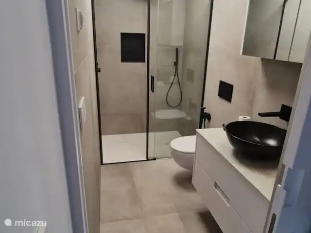 Casa Sol Y Mar | Espagne, Murcia, San Pedro del Pinatar - appartement Deuxième salle de bain avec douche à effet pluie et douchette, toilettes avec robinet de bidet et lavabo.