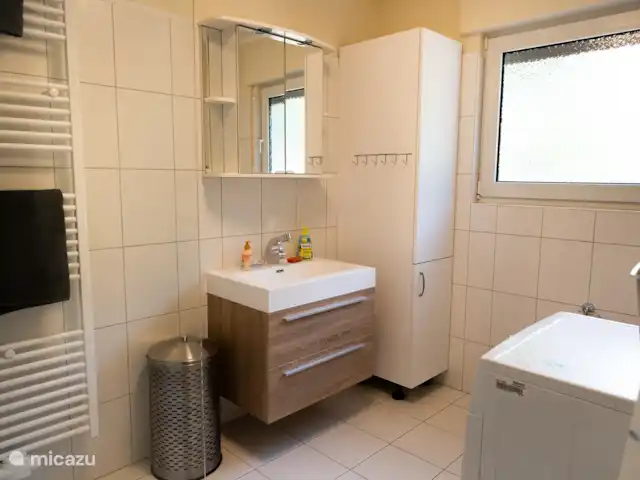 Location de Vacances Allemagne, Hesse, Bad Wildungen, appartement - Appartement zum Märchenwald ****  Salle de bain avec sèche-linge, sèche-serviettes, toilettes surélevées, sèche-cheveux