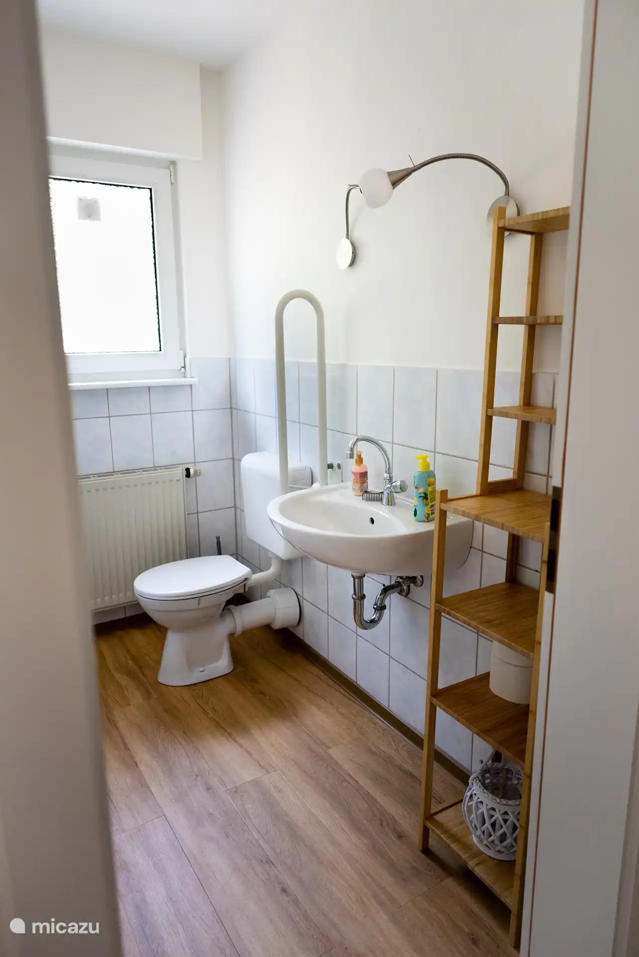 Guest toilet with stand-up aid
