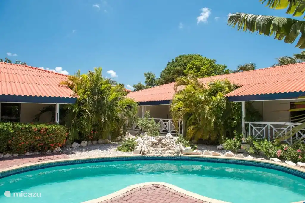 Belle piscine entourée d’un joli jardin.