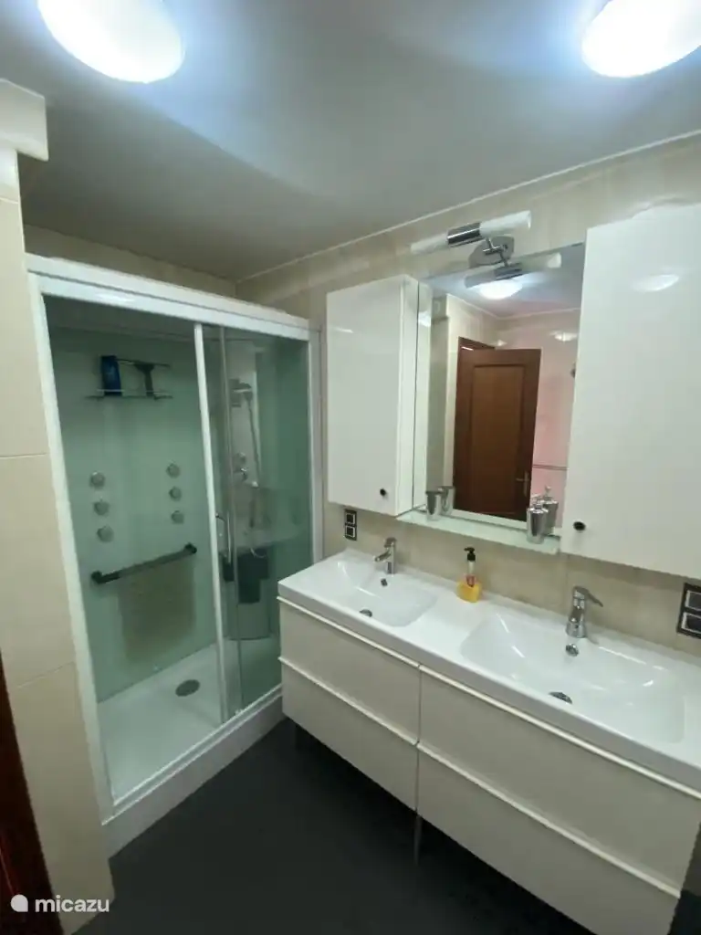 Die Dusche ist komplett ausgestattet; eine Regendusche, eine Handbrause und Sprinkler hinter dem Rücken. Hier finden Sie auch die Toilette.