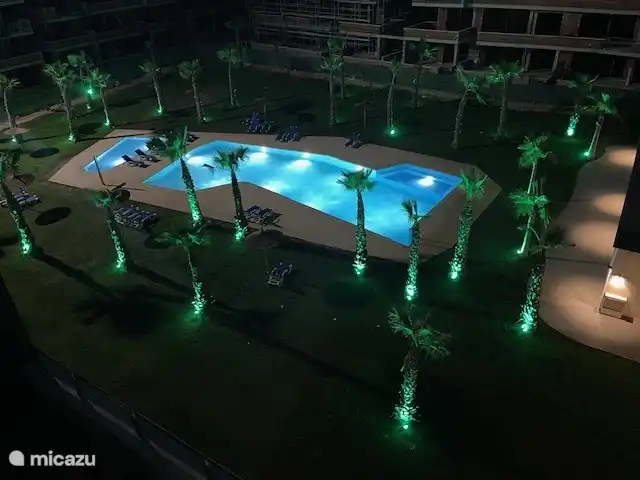 Éclairage d’ambiance le soir dans le jardin et la piscine communs