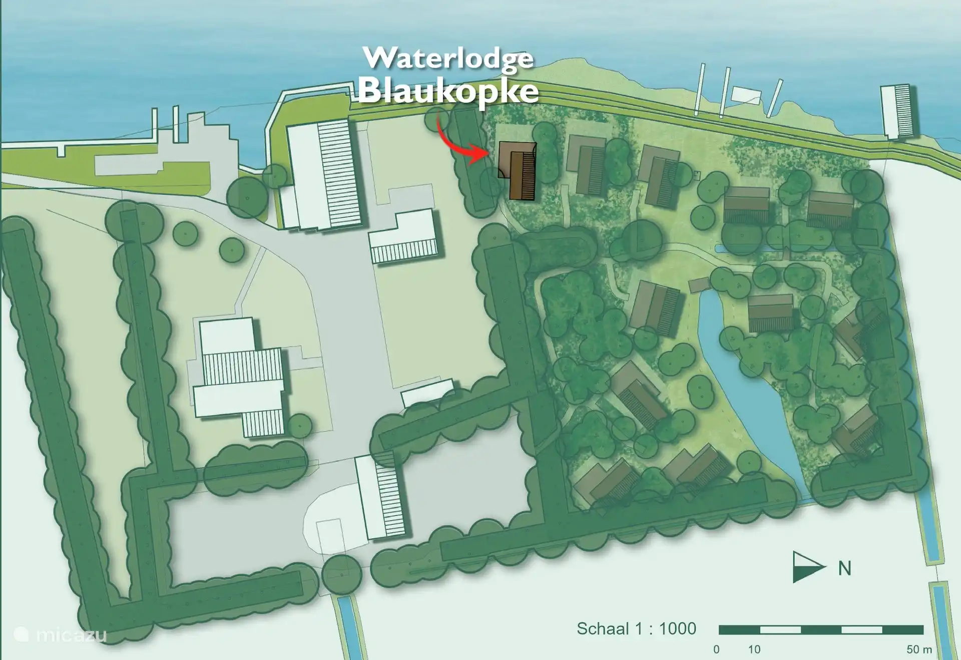 Plattegrond van Pean-buiten met de ligging van Waterlodge Blaukopke