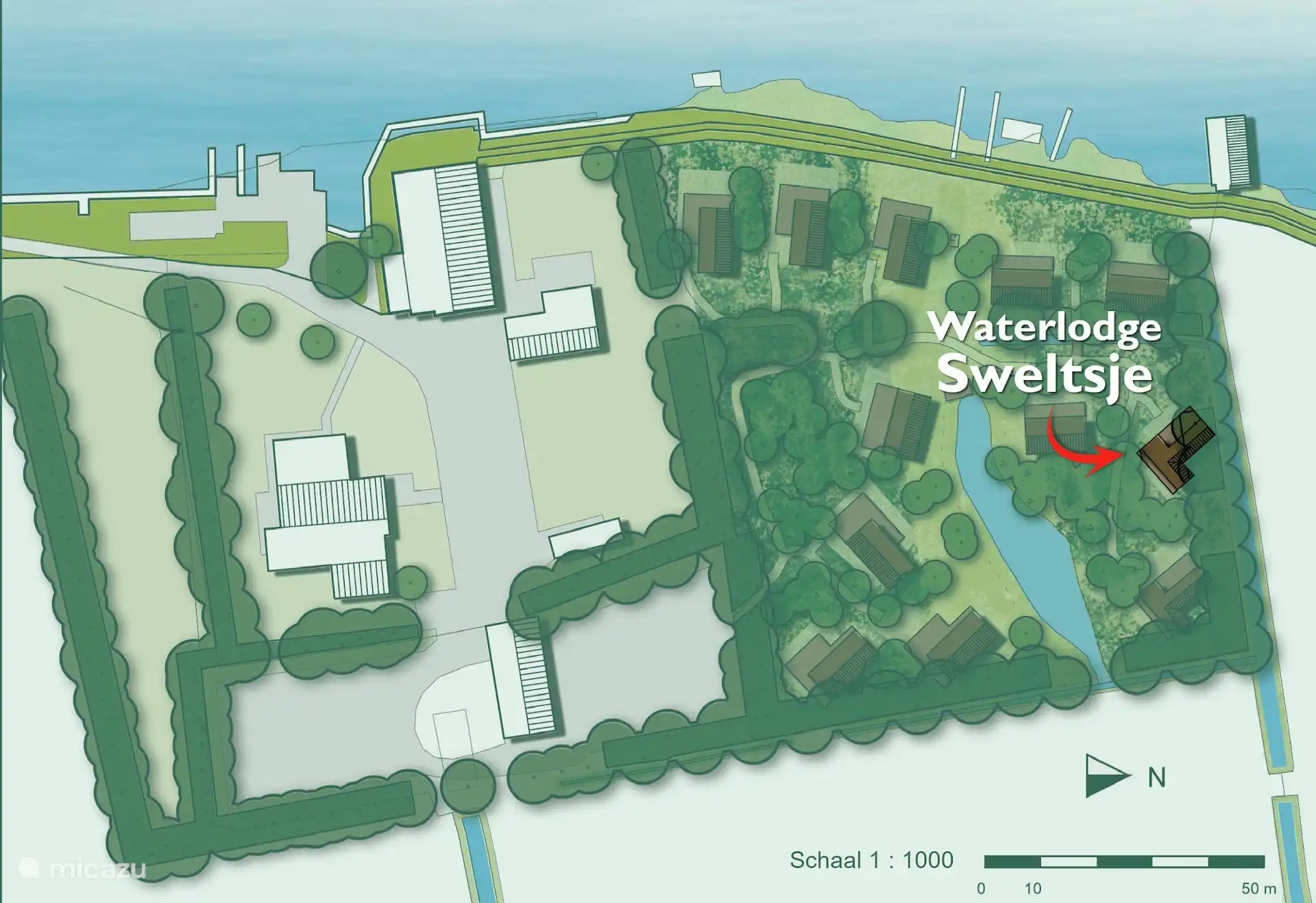 Plattegrond van het park, met de ligging van Waterlodge Sweltsje aangegeven.