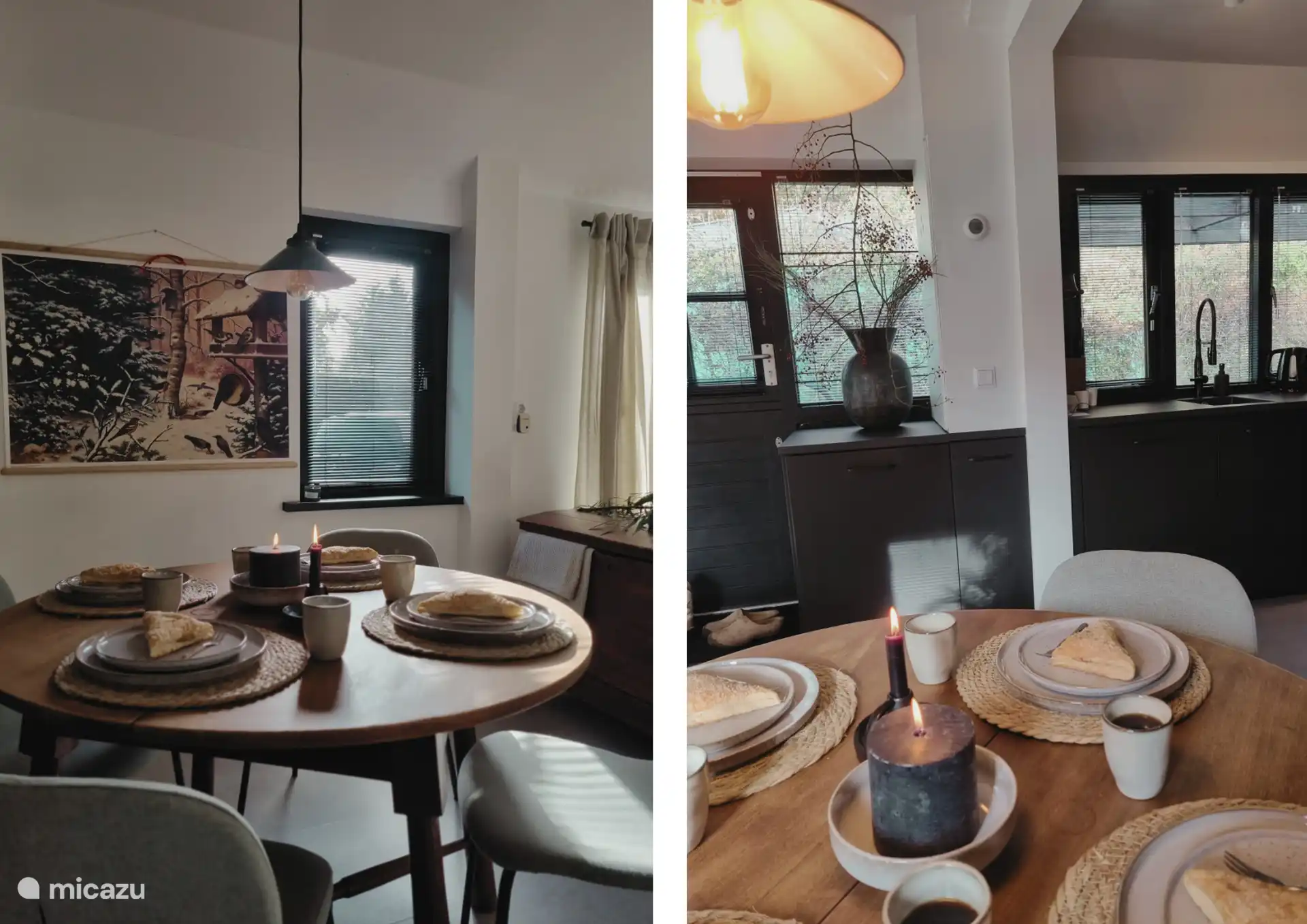 Der Esstisch mit Blick auf den Garten auf der einen Seite und die Küche auf der anderen Seite.