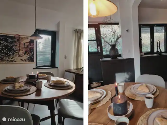 Oudveluwe - cabaña - bosque en Países Bajos, Güeldres, Voorthuizen - casa vacacional La mesa de comedor con vistas al jardín por un lado y a la cocina por el otro.