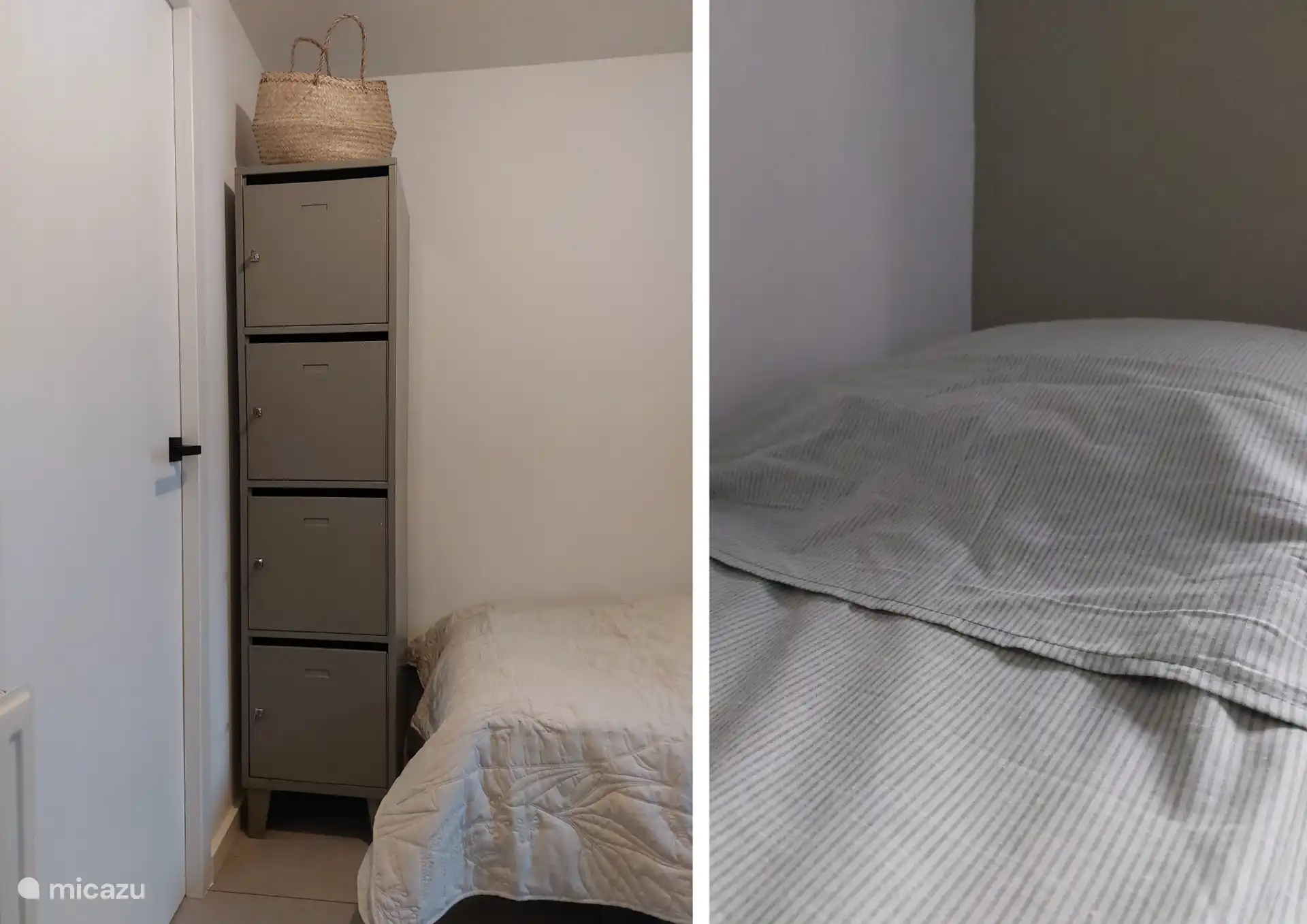 Der Kleiderschrank und ein gemachtes Bett im kleinen Zimmer