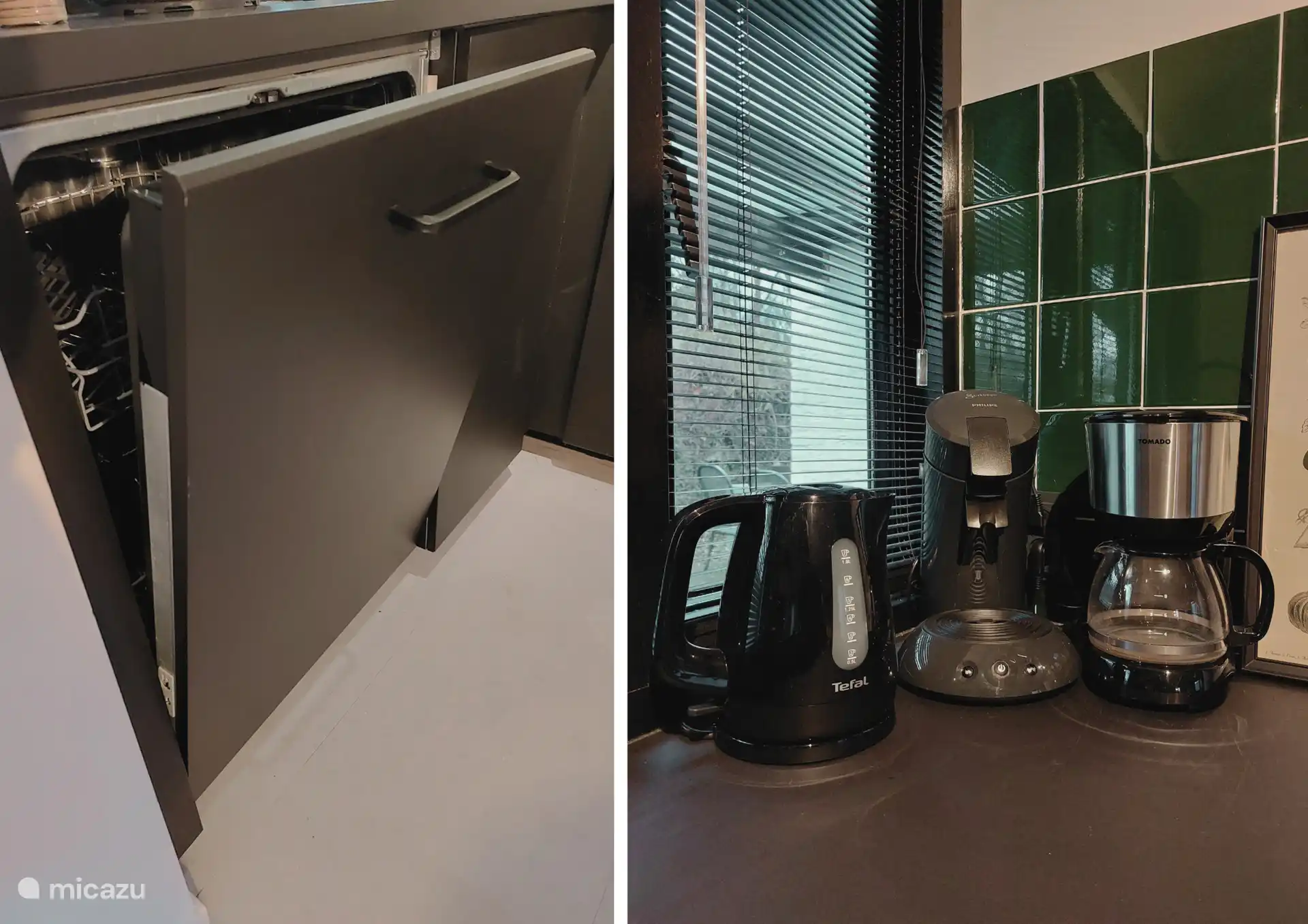 Die Küche ist mit einem Geschirrspüler ausgestattet und auf der Theke befinden sich ein Wasserkocher und eine Kaffeemaschine