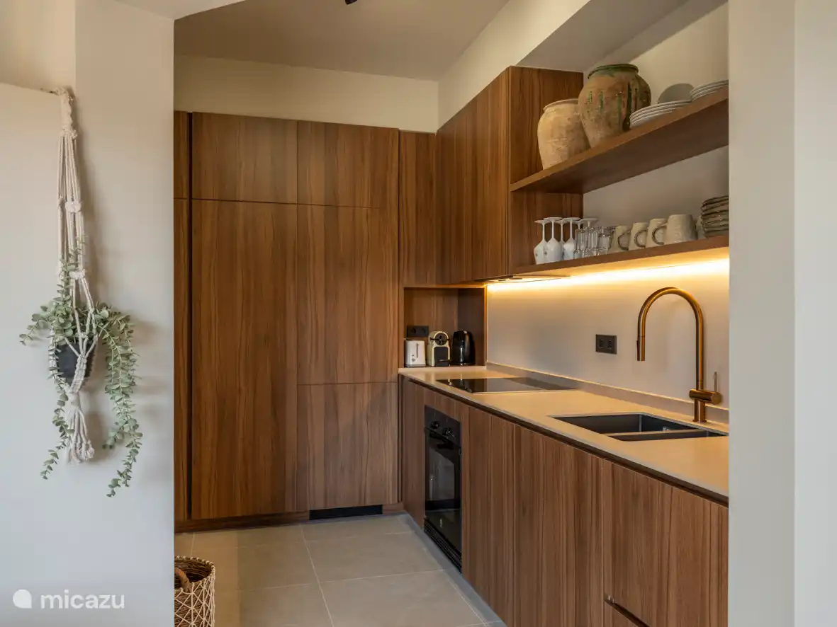 Küche (Kühlschrank mit Gefrierfach, Geschirrspüler, Herd, Backofen) der Wohnung im Erdgeschoss, Poolebene