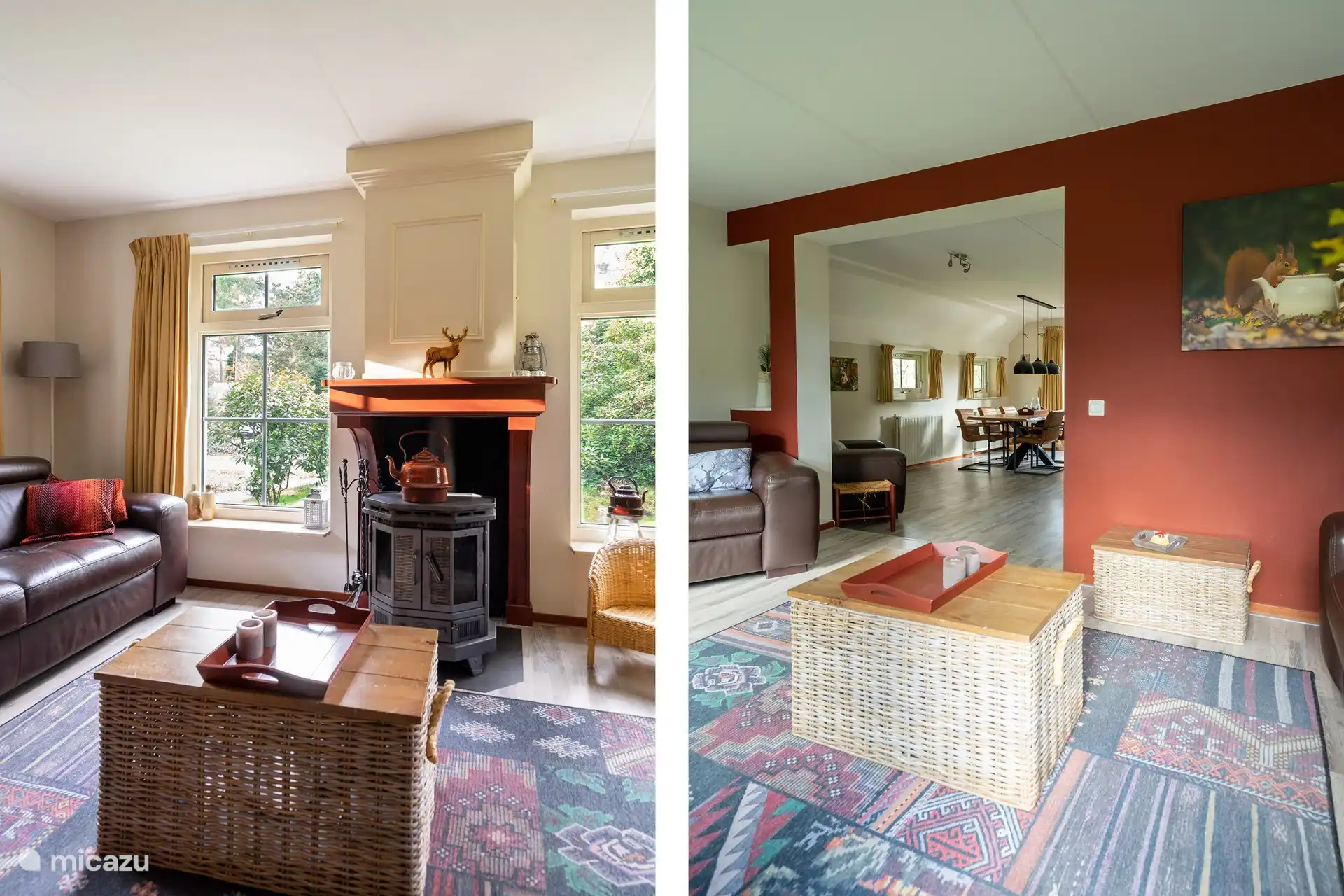 Zimmer im Obergeschoss mit Holzofen und Sitzgelegenheiten