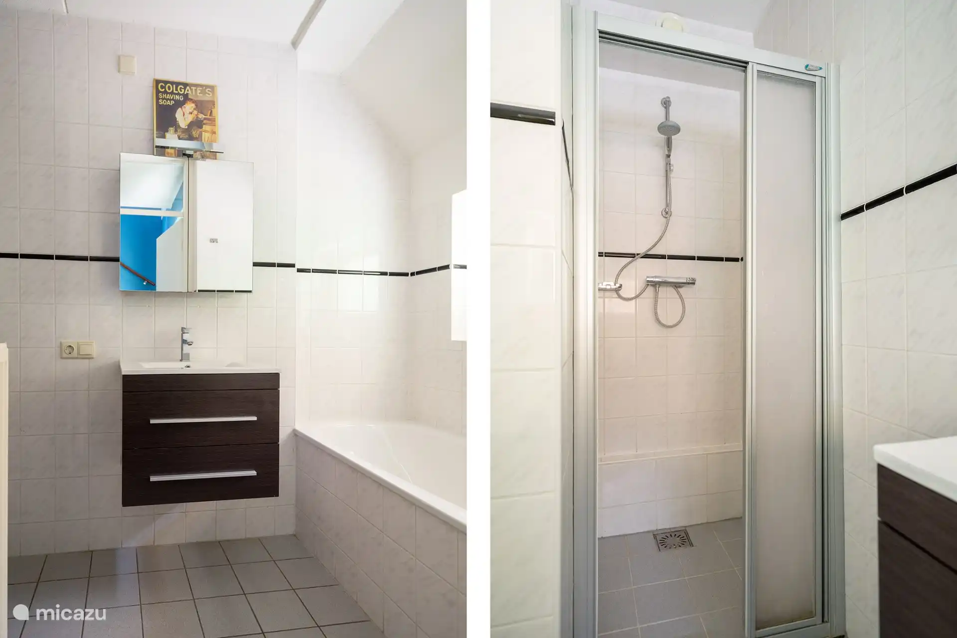 Badezimmer mit Waschbecken, Badewanne und Dusche