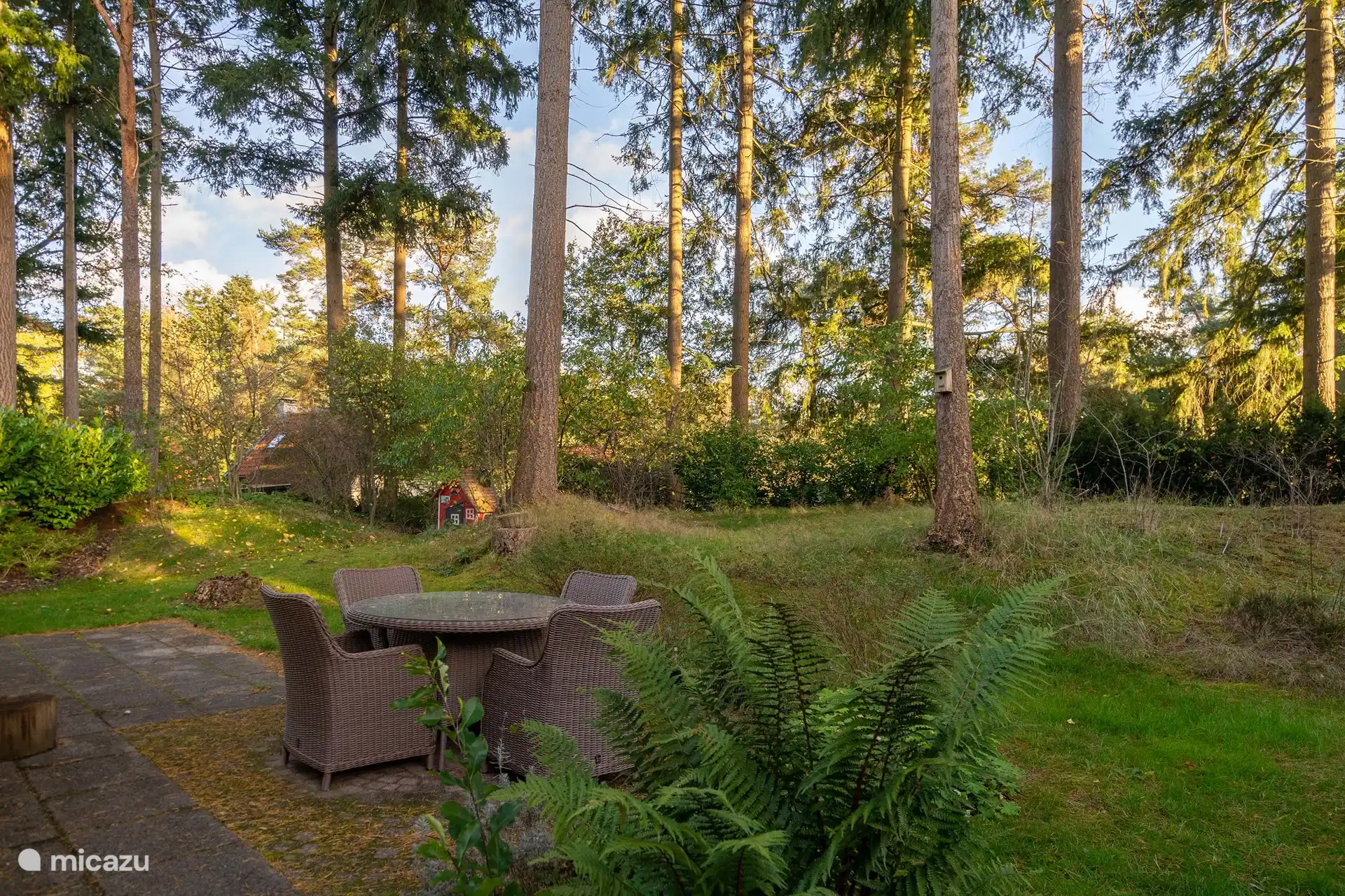 Rückseite des Ferienhauses mit Terrasse und geräumigem Waldgarten, umgeben von Erdwall