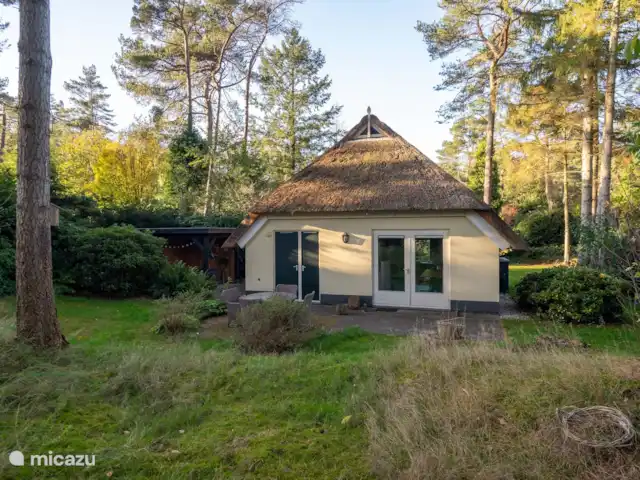 Lieu idyllique | Pays-Bas, Drenthe, Diever - maison de vacances Arrière du chalet avec porte gauche vers la buanderie et la cuisine. la 2ème porte en partant de la gauche mètre placard / petit débarras. À droite, les portes-fenêtres du salon avec salle à manger