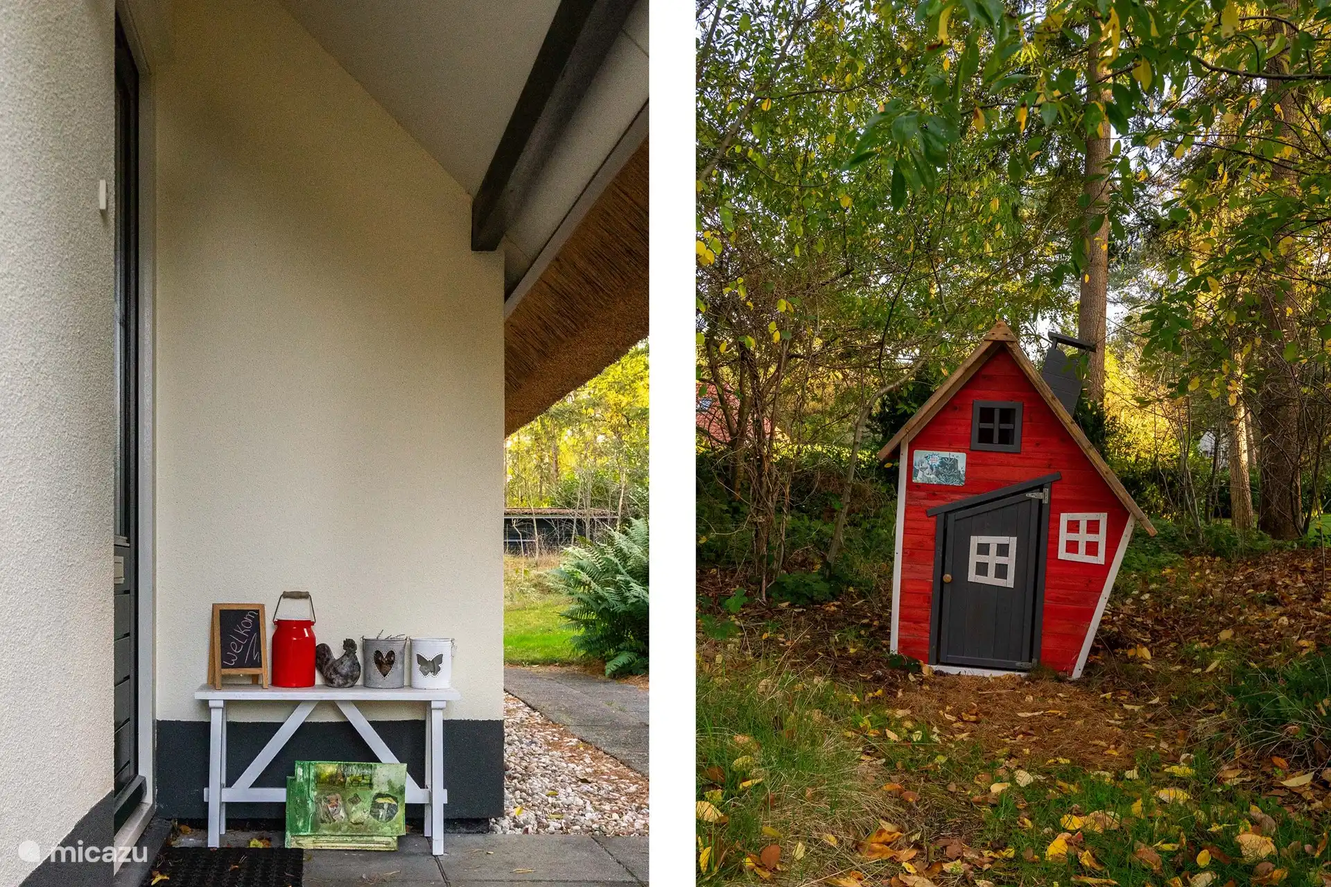 Links am Eingang des Hauses, rechts Kinderspielhaus mit Töpfen und Pfannen und Sitzgelegenheit