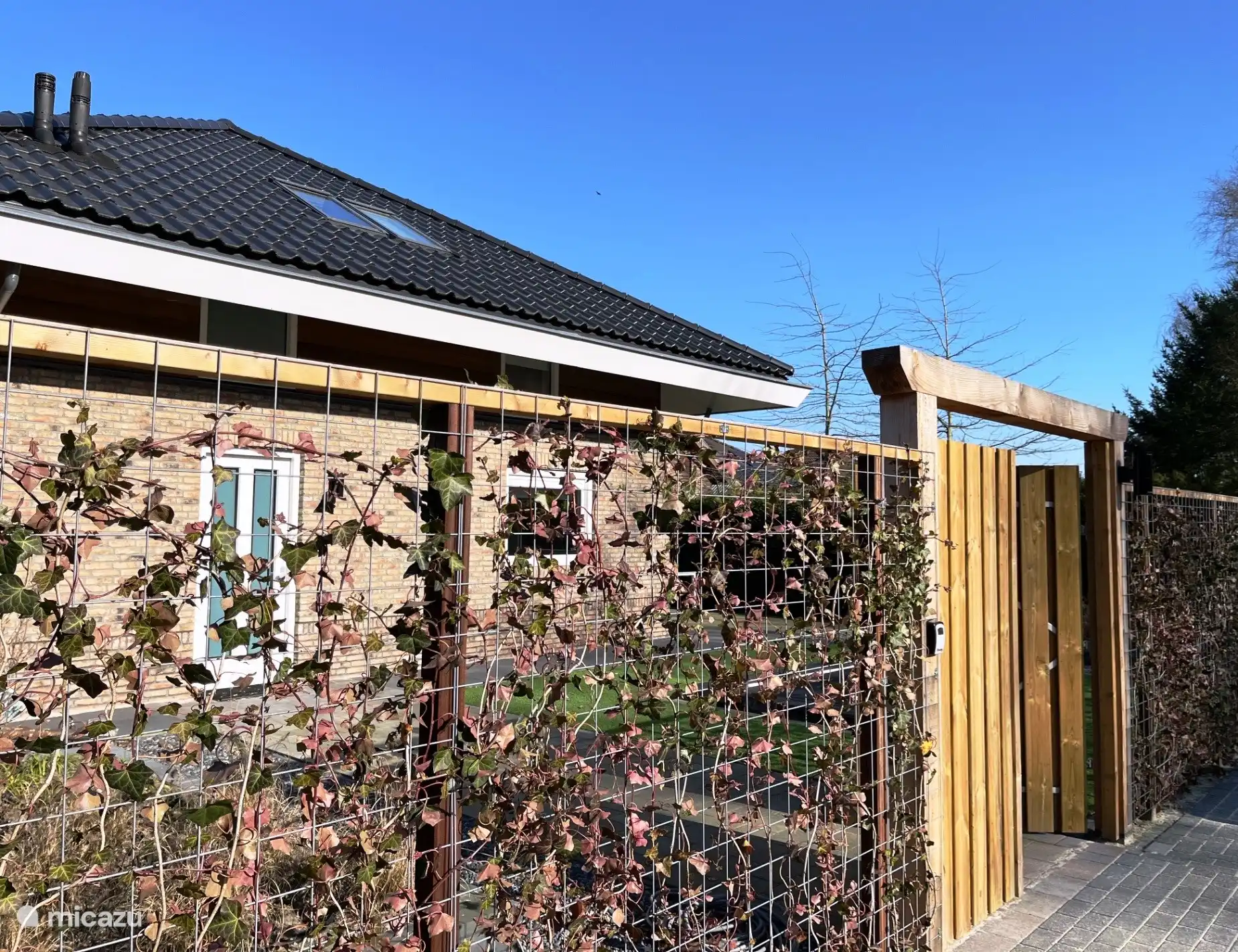 Vorderseite des Hauses mit Hecke (in den Sommermonaten bewachsen)