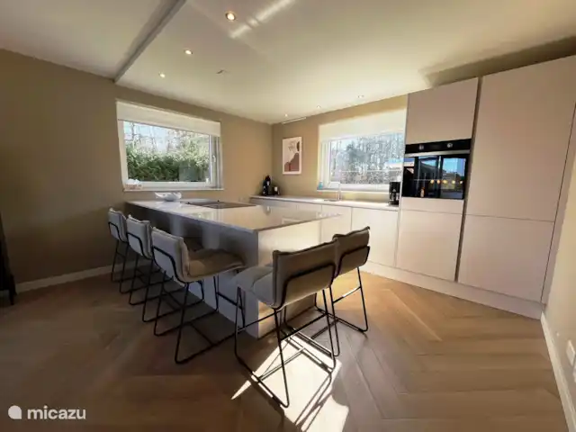 Crécerelle | Pays-Bas, Overijssel, Sibculo - maison de vacances Cuisine ouverte moderne avec bar pour le petit-déjeuner. La cuisine est bien équipée avec des casseroles, des poêles, de la vaisselle, etc