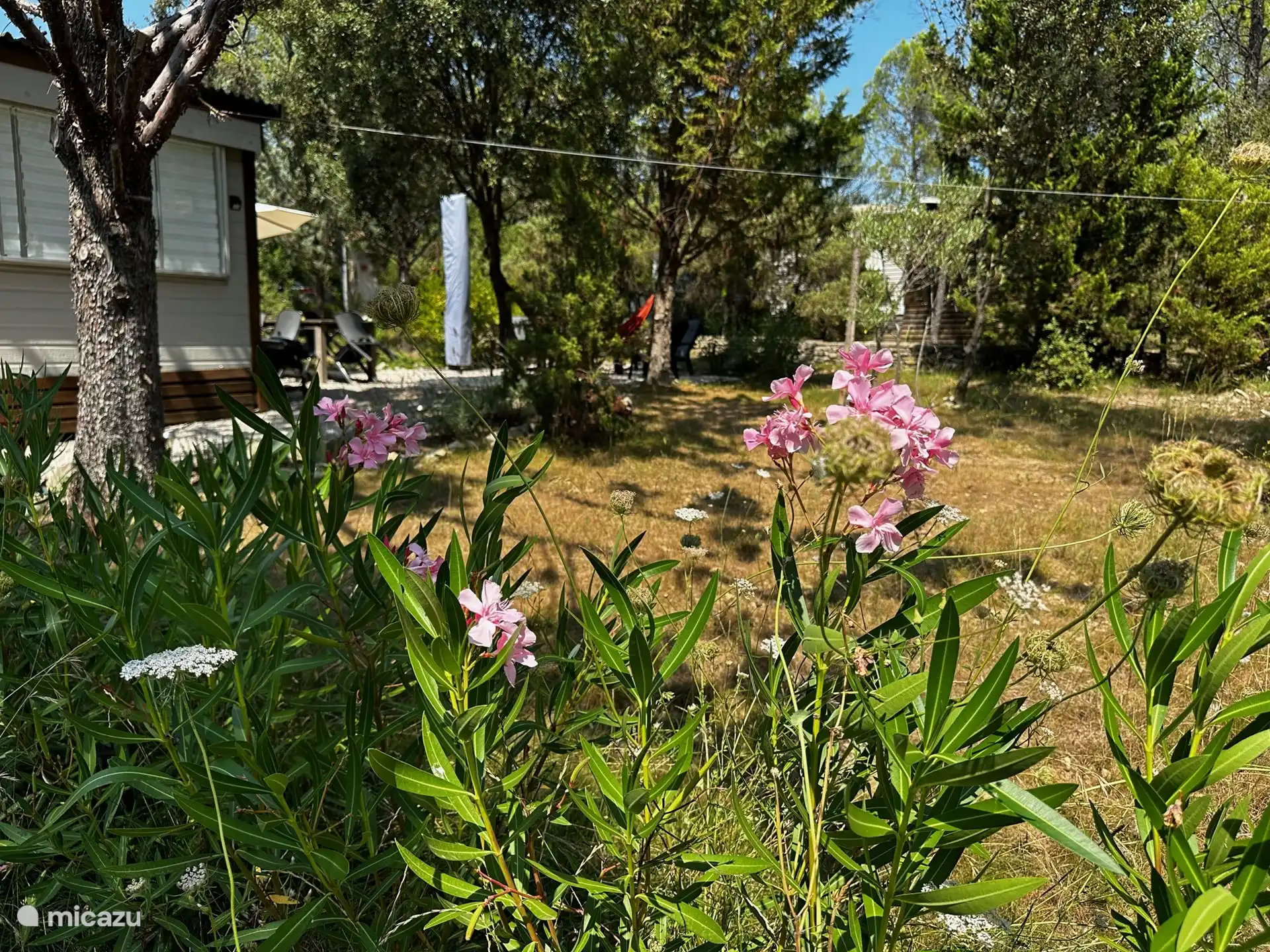 Da sich die Sitzecke hinter dem Chalet befindet, gibt es viel Privatsphäre im Garten