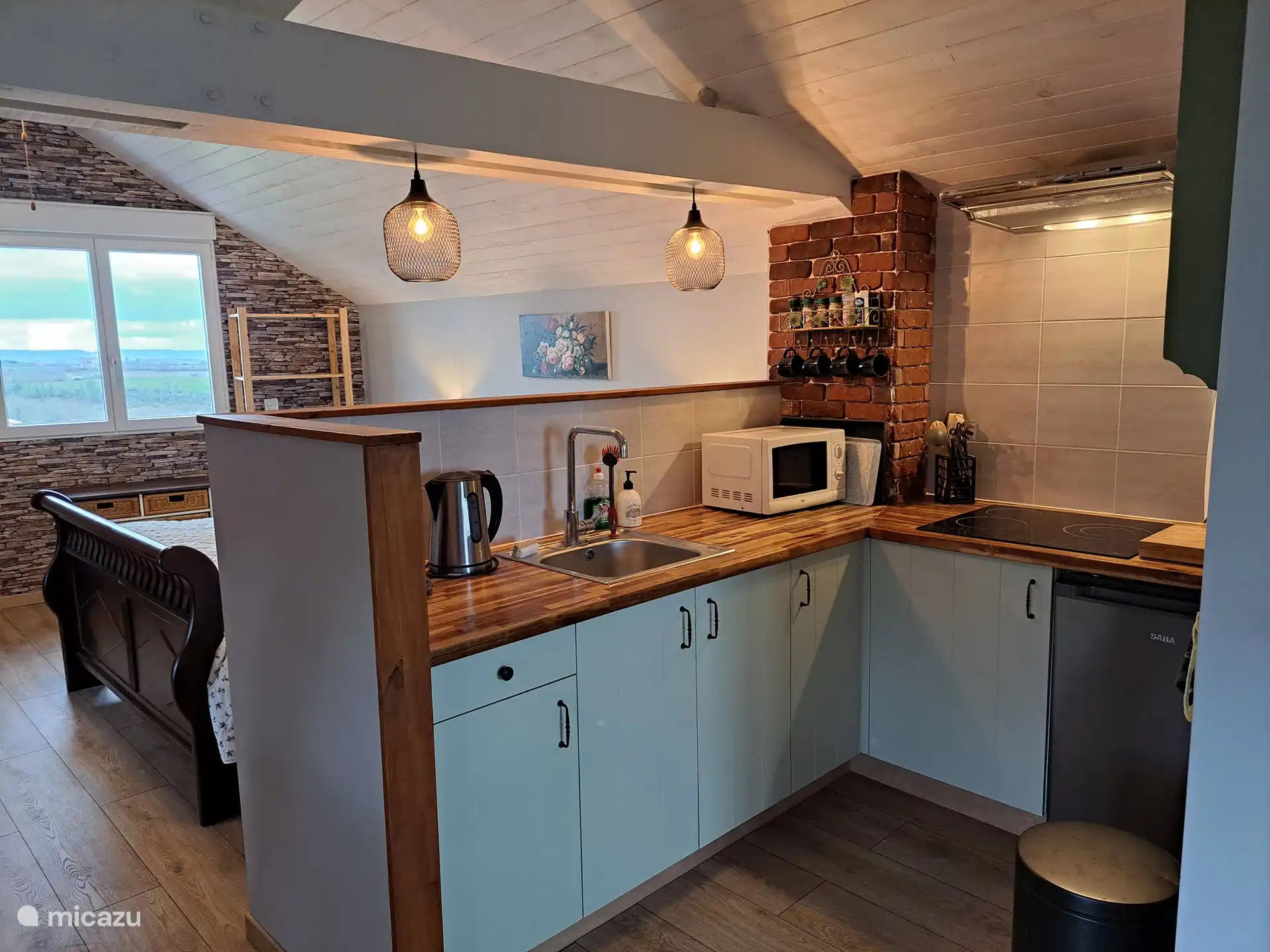 Open kitchen: fridge, electric hob, magnatron, coffee maker, kettle. 