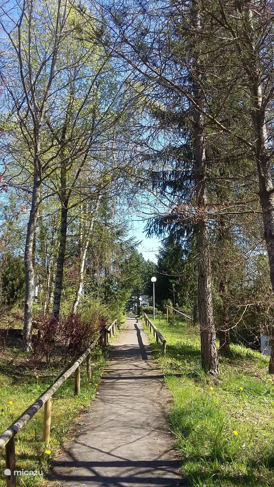 Desde el aparcamiento, se puede acceder a la casa a través de un sendero iluminado.