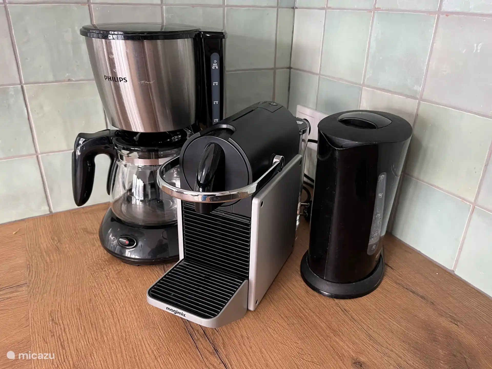 Filter coffee machine, Nespresso machine and kettle.