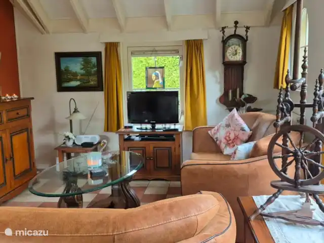 bungaló en Países Bajos, Güeldres, Putten – El lugar de Veluwe Amplia sala de estar con dos sofás de 2,5 plazas, TV e internet.