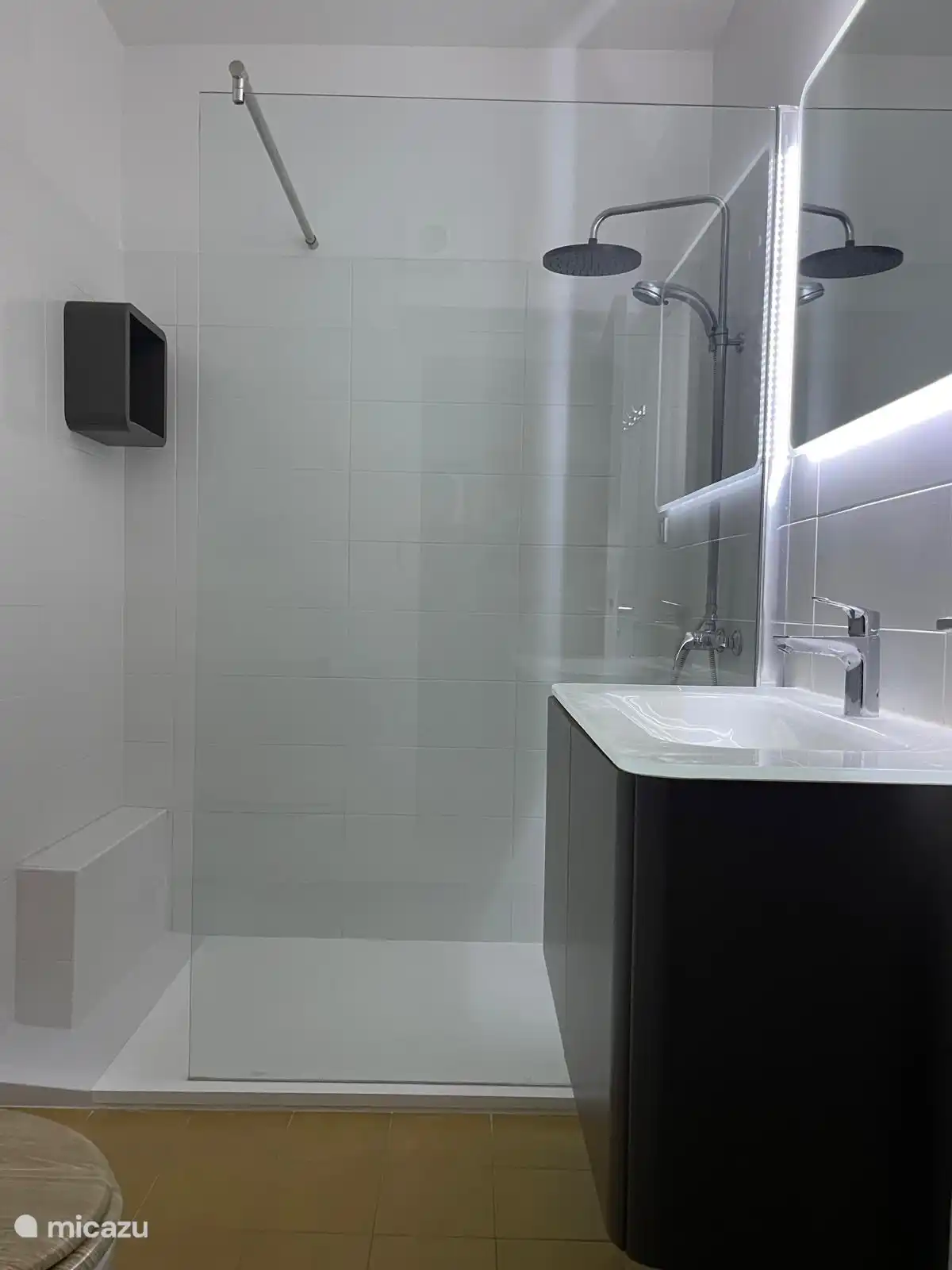 De badkamer met luxe rainshower douche. Hier is ook de wc.