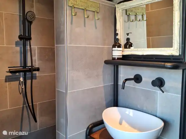 Le doux Ermgaard  | Pays-Bas, Zélande, Oudelande - maison mitoyenne Salle de bain avec lavabo, WC et douche.