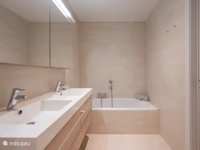 Bayauxlaan Knokke Zee huren in België, Belgische Kust, Knokke - appartement badkamer met ligbad, toiletkast, dubbele lavabo, WC , handdoekdroger en douche