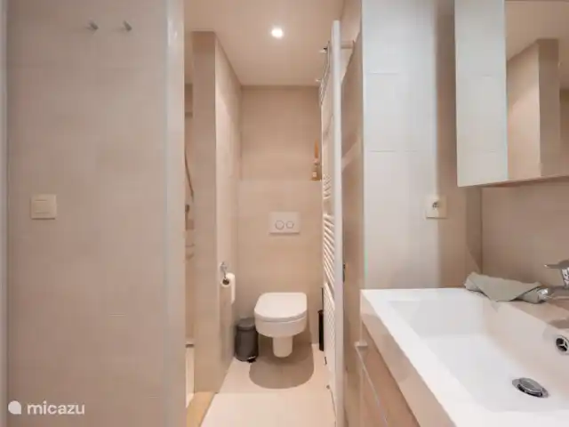 Bayauxlaan Knokke Zee huren in België, Belgische Kust, Knokke - appartement badkamer met toilet, douche, handdoekdroger, dubbel lavabomeubel, toiletkast en ligbad