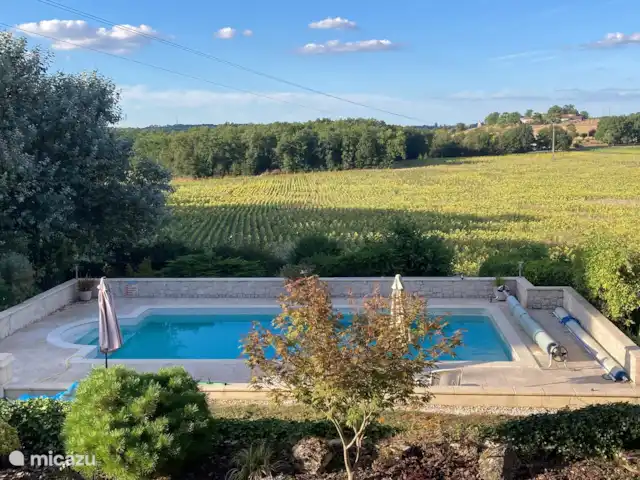 gîte / cottage huren in Frankrijk, Dordogne, Ribagnac – Les Crocus - La Tour De zonnebloemen achter het zwembad bloeien uitbundig.