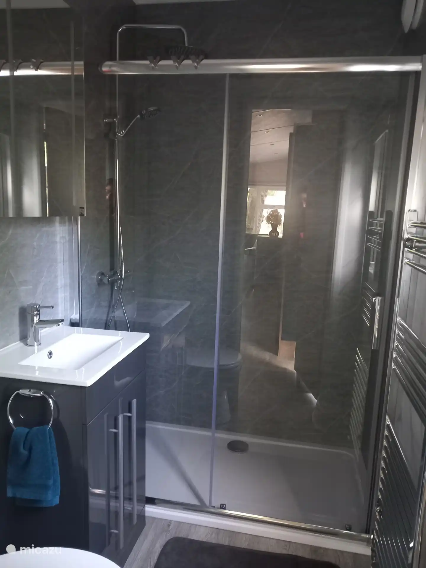 Salle de bain avec douche à effet pluie