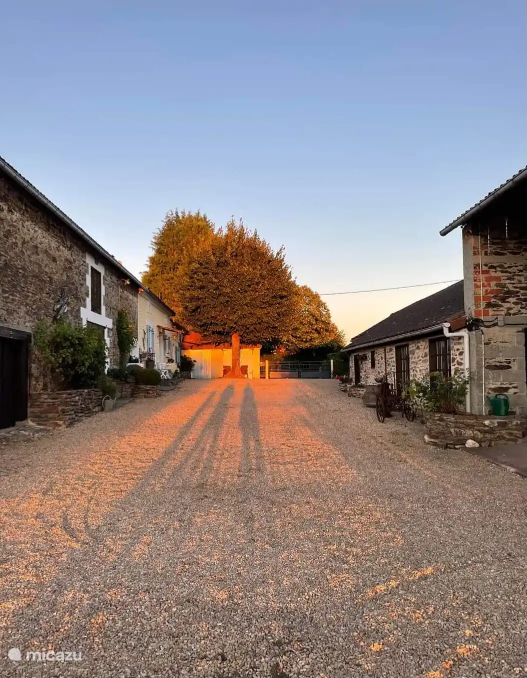 Innenhof in der Abenddämmerung mit Seitenaspekt des Maple Tree Gite