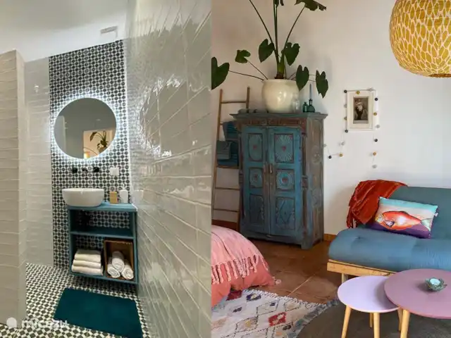 Wandelen, Portugal, Costa de Prata, Alcobaça, bed & breakfast Pátio do Vale - Alegria badkamer kamer Alegria met gezellige zithoek