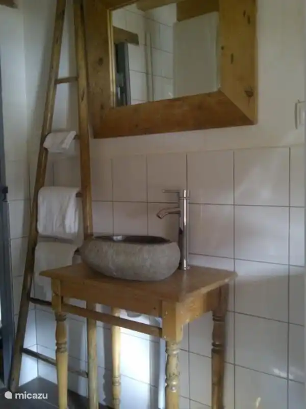 Badkamer met lekker ruime douche. Ook is er een wasmachine aanwezig.