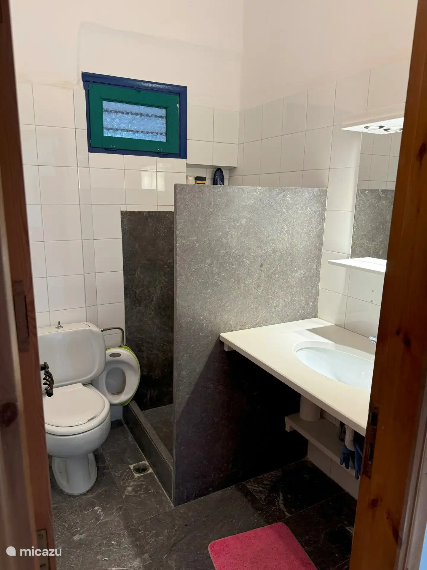 Badkamer met douche, toilet en wastafel op de begane grond