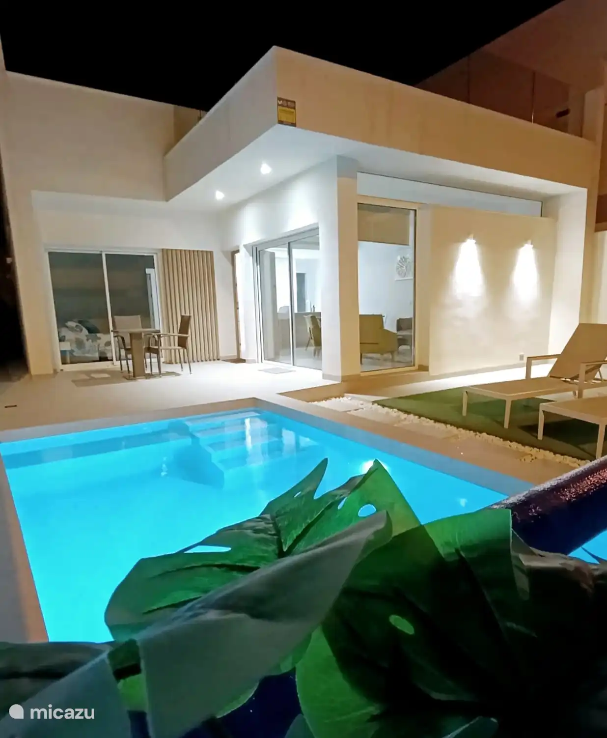 La piscina y el jardín por la noche.