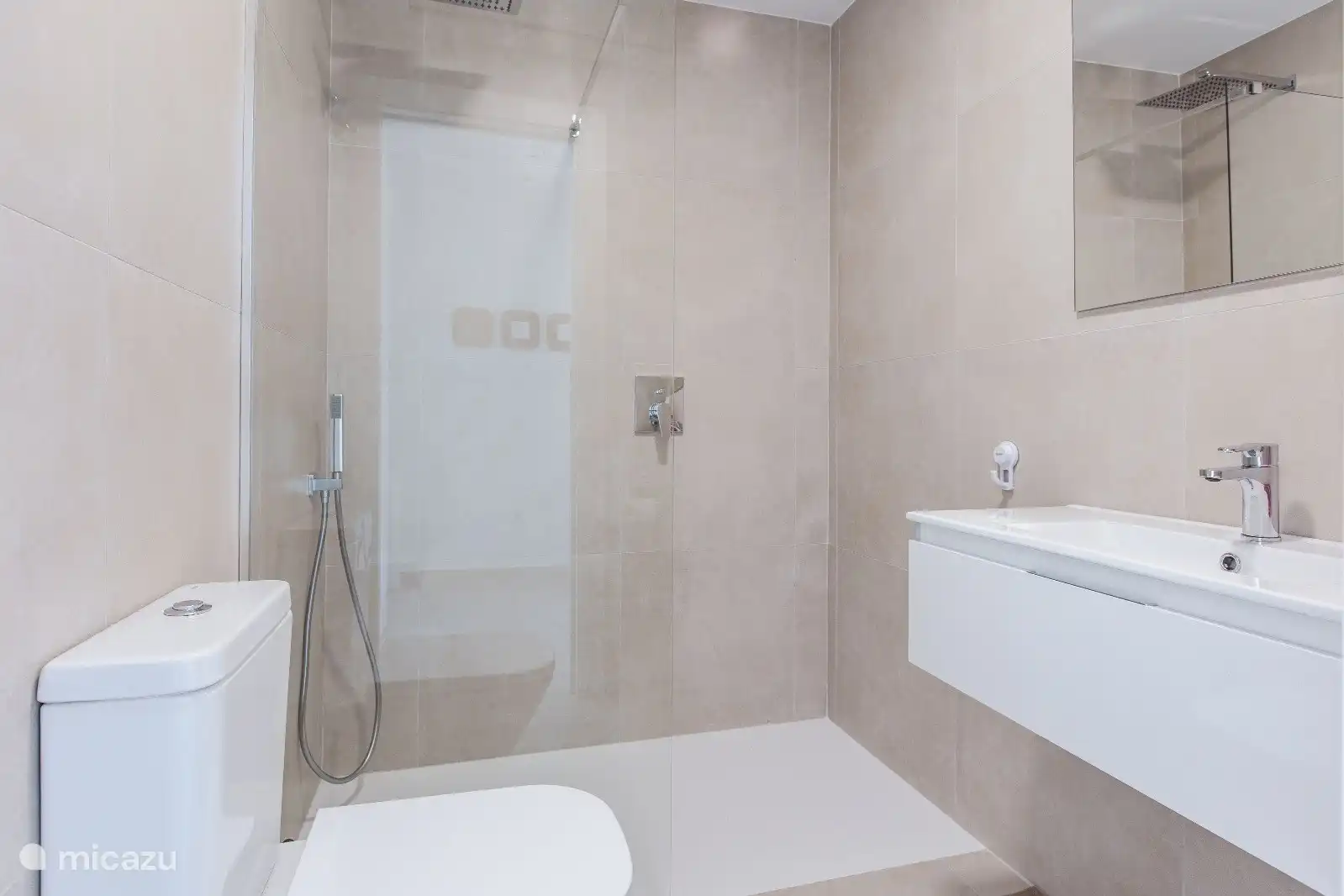 Cuarto de baño con ducha a ras de suelo, lavabo, inodoro y gel de ducha.