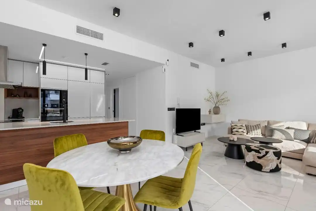 Spacious living room with open kitchen.