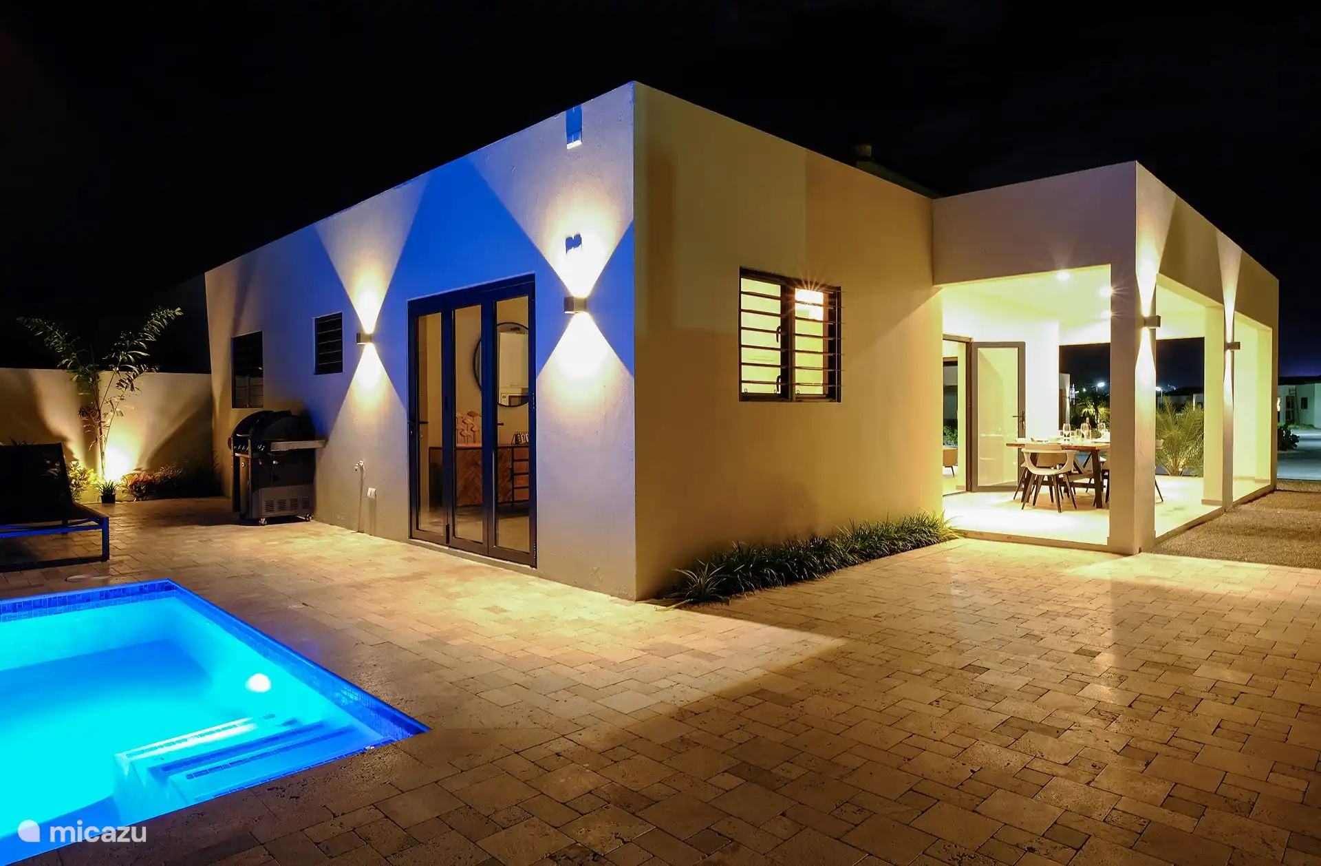 Piscine meublée moderne avec des plantes tropicales colorées 